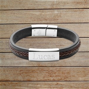 Mens Name Personalized ID Leather Bracelet - Brown Braided  Silver Plate - 32894D-BRBS