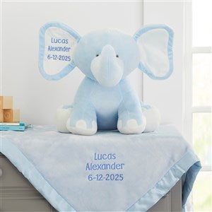 Embroidered Blue Satin Trim Baby Blanket  Jumbo Plush Elephant Set - 33296-B