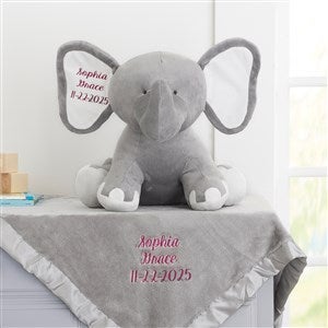 Embroidered Grey Satin Trim Baby Blanket  Jumbo Plush Elephant Set - 33296-G