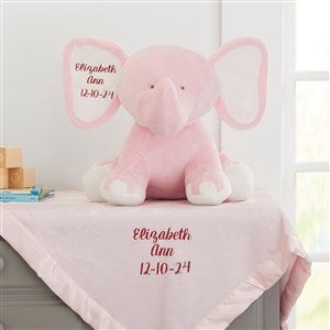 Embroidered Pink Satin Trim Baby Blanket  Jumbo Plush Elephant Set - 33296-P