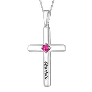 Name  Birthstone Personalized Sterling Silver Cross Necklace - 33358D
