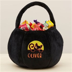 Black Cat Embroidered Plush Halloween Treat Bag-Black - 36759-B