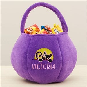 Black Cat Embroidered Plush Halloween Treat Bag-Purple - 36759-PU