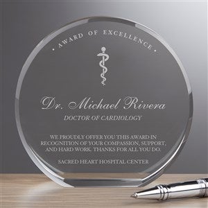 Rod of Asclepius 4quot; Round Crystal Personalized Award - 36969