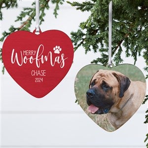 Merry Woofmas Personalized Heart Ornament- 4quot; Wood - 2 Sided - 37773-2W
