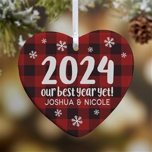 Buffalo Plaid Family Personalized Year Heart Ornament- 3.25quot; Glossy - 1 Sided - 37783-1