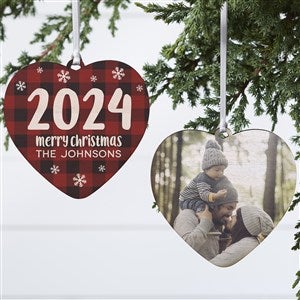 Buffalo Plaid Family Personalized Year Heart Ornament- 4quot; Wood - 2 Sided - 37783-2W