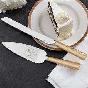 Botanical Wedding Engraved Cake Knife  Server Gold Hammered Set - 41655