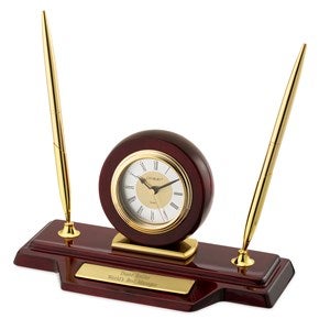 Engraved Mahogany Finish Clock and Pen Stand for the Executive - 42173