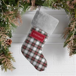 Classic Holiday Plaid Personalized Grey Faux Fur Christmas Stockings - 42735-GF