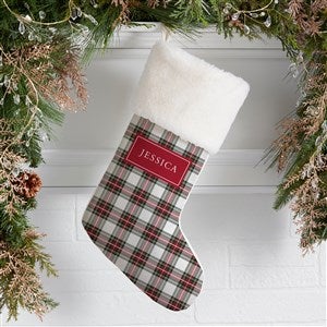 Classic Holiday Plaid Personalized Ivory Faux Fur Christmas Stockings - 42735-IF