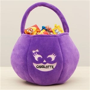 Jack-o-Lantern Faces Embroidered Plush Halloween Treat Bag-Purple - 43335-PU