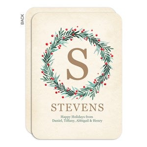 Wreath Initial Premium Personalized Flat Christmas Card  - 43441-P