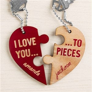 Love You to Pieces Personalized Wood Heart Keychain Set - Red - 44397-R