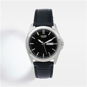 Engraved Citizen Milestone Quartz Black Leather  Silver Watch - 44986