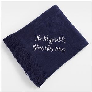 Embroidered Navy Knit Fringed Throw Blanket - 47700