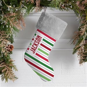 Holiday Stripes Personalized Grey Faux Fur Christmas Stockings - 48703-GF