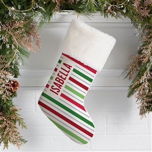 Holiday Stripes Personalized Ivory Faux Fur Christmas Stockings - 48703-IF