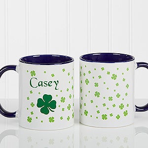 Personalized Irish Coffee Mugs - Shamrock - Blue Handle - 4989-BL