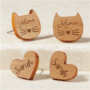 Cat  Heart Personalized Natural Stained Wood Stud Earrings - 49894-N