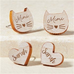 Cat  Heart Personalized Whitewashed Wood Stud Earrings - 49894-W