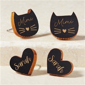 Cat  Heart Personalized Black Stained Wood Stud Earrings - 49894-BL