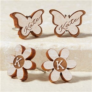 Butterfly  Flower Personalized Whitewashed Wood Stud Earring - 49896-W