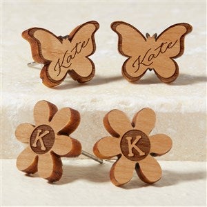 Butterfly  Flower Personalized Natural Stained Wood Stud Earring - 49896-N