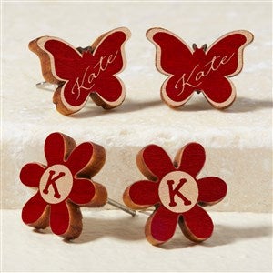 Butterfly  Flower Personalized Red Stained Wood Stud Earrings - 49896-R