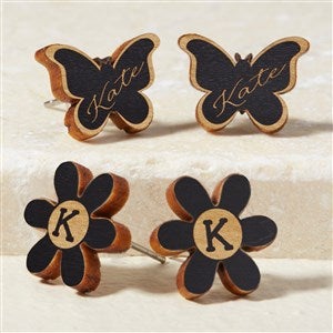 Butterfly  Flower Personalized Black Stained Wood Stud Earrings - 49896-BL