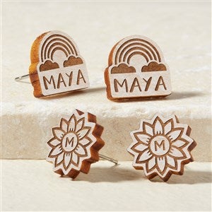 Flower  Rainbow Personalized Whitewashed Wood Stud Earring - 49899-W