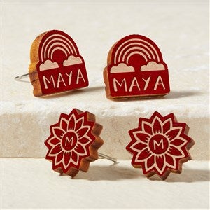 Flower  Rainbow Personalized Red Stained Wood Stud Earrings - 49899-R