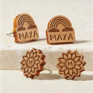 Flower  Rainbow Personalized Natural Stained Wood Stud Earring - 49899-N