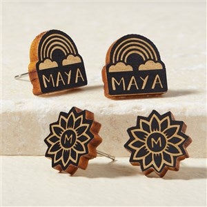 Flower  Rainbow Personalized Black Stained Wood Stud Earrings - 49899-BL