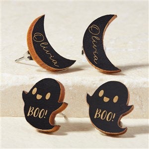 Ghost  Moon Personalized Black Stained Wood Stud Earrings - 49900-BL