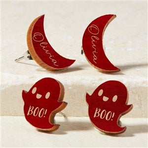 Ghost  Moon Personalized Red Stained Wood Stud Earrings - 49900-R