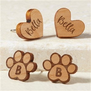 Heart  Dog Paw Personalized Natural Stained Wood Stud Earrings - 49901-N