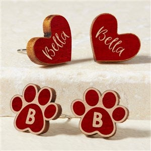 Heart  Dog Paw Personalized Red Stained Wood Stud Earrings - 49901-R