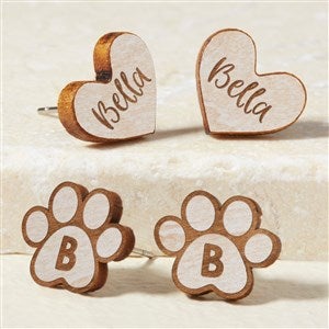 Heart  Dog Paw Personalized Whitewashed Wood Stud Earrings - 49901-W