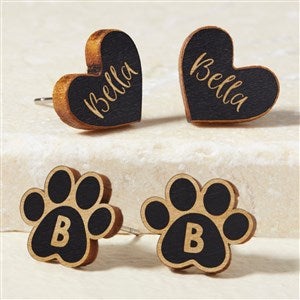 Heart  Dog Paw Personalized Black Stained Wood Stud Earrings - 49901-BL