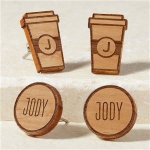 Coffee Cup Personalized Natural Stained Wood Stud Earring - 49902-N