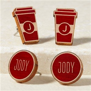 Coffee Cup Personalized Red Stained Wood Stud Earrings - 49902-R