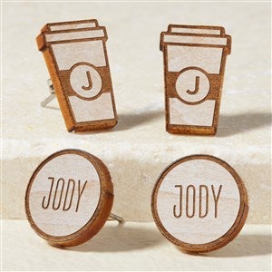 Coffee Cup Personalized Whitewashed Wood Stud Earring - 49902-W