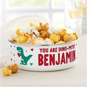 Dino Valentine Personalized Kids Enamel Bowl with Lid - 50560