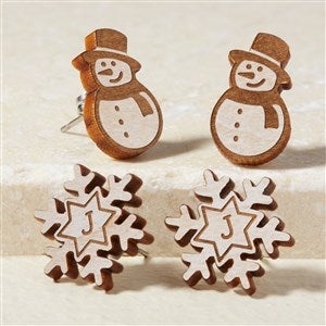 Snowman  Snowflake Personalized Whitewashed Wood Stud Earring - 50723-W