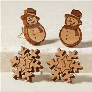 Snowman  Snowflake Personalized Natural Stained Wood Stud Earring - 50723-N