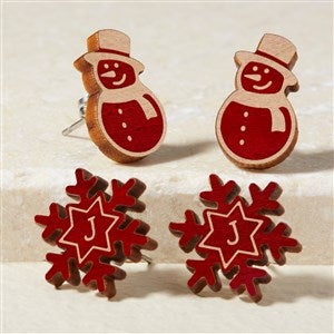 Snowman  Snowflake Personalized Red Stained Wood Stud Earrings - 50723-R