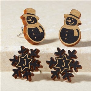 Snowman  Snowflake Personalized Black Stained Wood Stud Earrings - 50723-BL