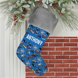 Hot Wheels™ Car Pattern Personalized Grey Faux Fur Christmas Stocking - 51204-GF