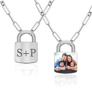 Personalized Initial  Photo Padlock Necklace- Silver - 51230D-S